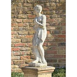 Reconstituted stone garden statue modelled as Pandora. H80cm