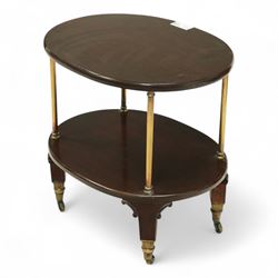 Late Victorian mahogany and brass tea trolley, square supports with C-scroll brackets, on brass cups and castors