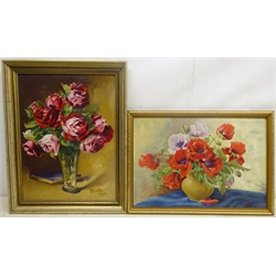 Hermann Richter (German 20th century): Still Lifes of Flowers, two oils on board signed, one dated 1954, max 39cm x 29cm (2)
