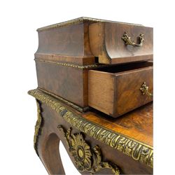 Late 19th to early 20th century French figured walnut writing desk, raised back fitted with drawers, shaped top with Kingwood banding and foliage cast edge moulding, fitted with single drawer, on cabriole supports mounted by shell and flower head cartouches 