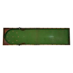 19th century mahogany cased bagatelle board, hinged case opening to reveal baize playing surface 