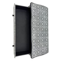 Contemporary black lacquered metal-clad chest, embossed with silver floral scrollwork, shaped rectangular top over three drawers, on cabriole supports (W89cm, D40cm, H79cm); matching two drawer chest (W68cm, D35cm, H67cm)