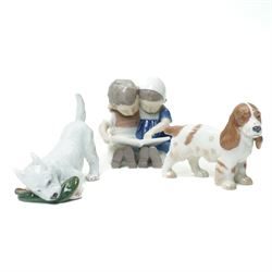 Bing & Grondahl figure of two children reading 1567,  Copenhagen boy wearing a raincoat, two Copenhagen dogs and a Karl Ens Kingfisher group (5)