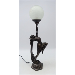  Art Deco style bronzed table lamp of a dancer, with globular frosted glass shade on hexagonal base, H70cm  