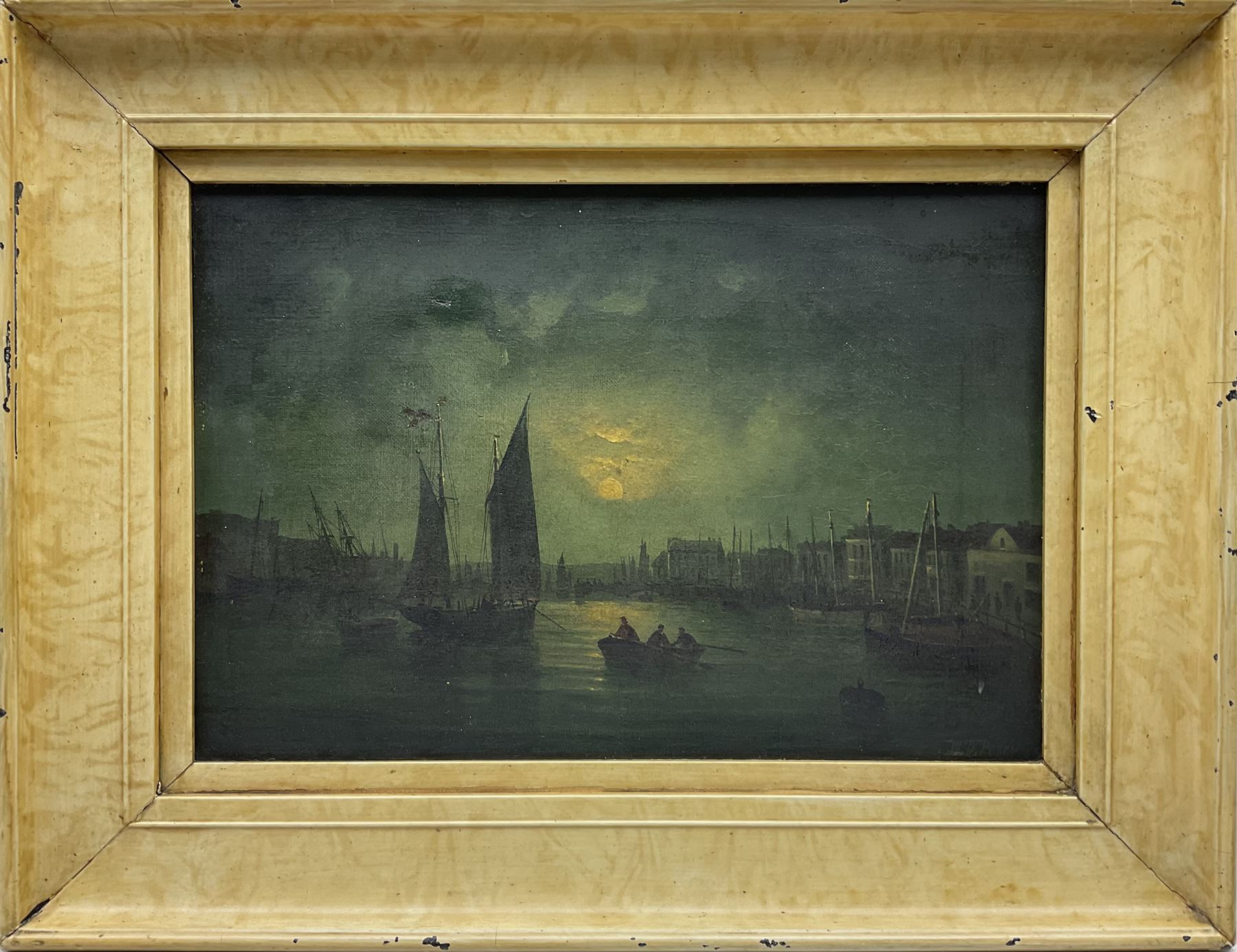 William Daniel Penny (British 1834-1924): Whitby Harbour by Moonlight, oil on canvas signed and dated '99, 22cm x 32cm
Notes: Penny was born in Caistor Lincolnshire but was listed in the Hull directories from 1869 as a Marine artist living in the City until the turn of the century when he became publican of the 'Artist's Rest' in Cross St., Aldborough, East Yorkshire