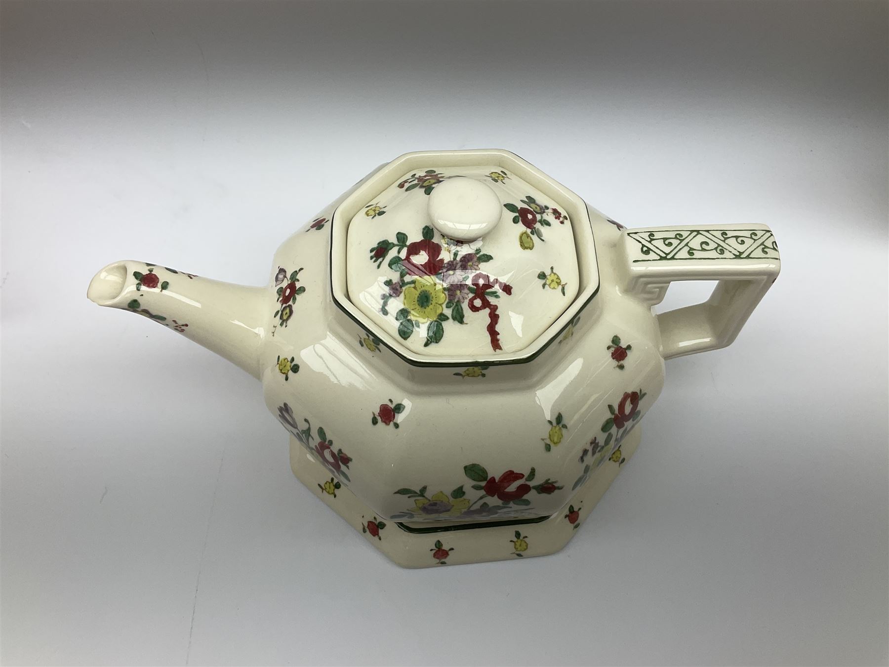 Royal Doulton part dinner service in Old Leeds Sprays pattern,  to include cheese dome, teapot and stand, egg cups etc, together with a selection of floral doilies.  