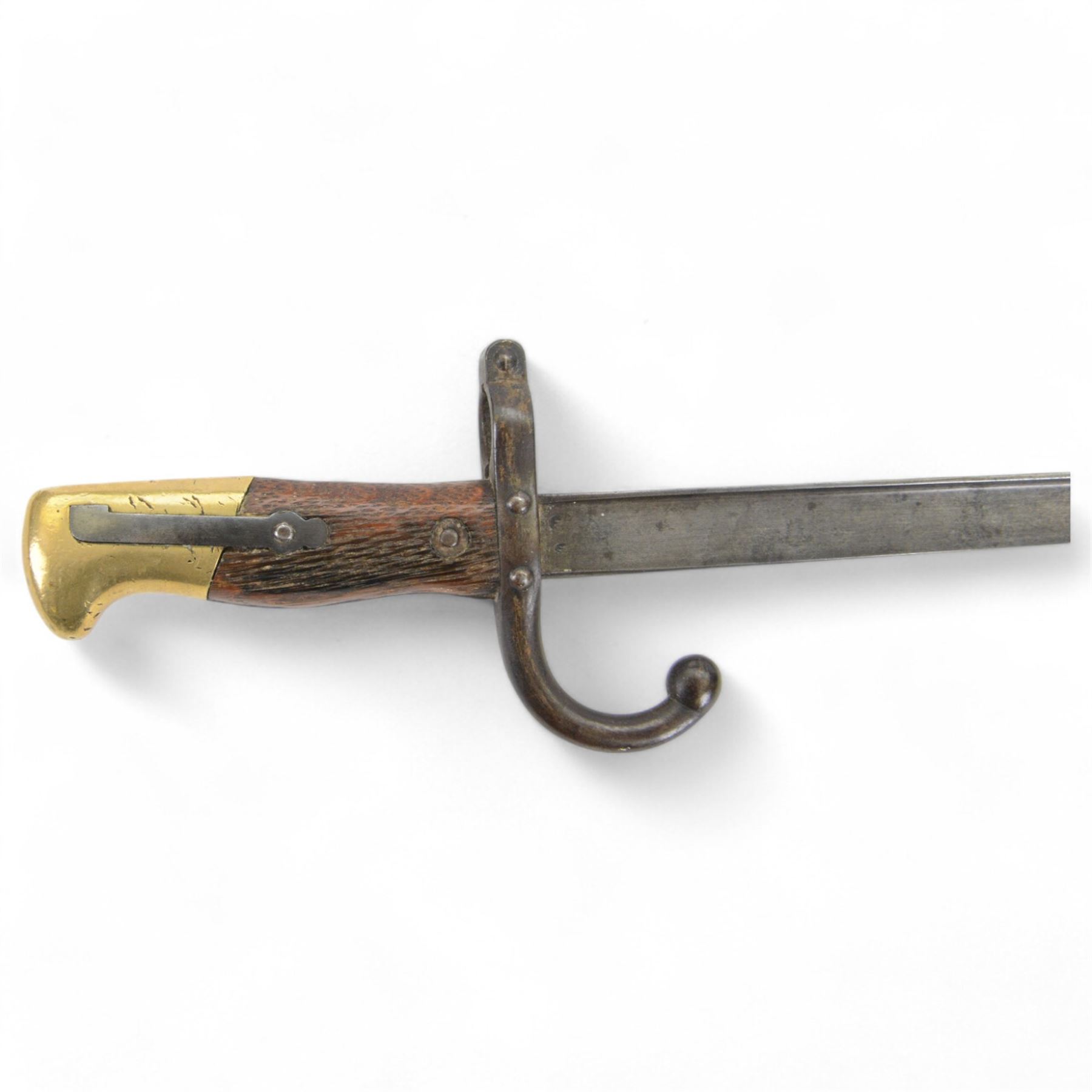 French Chassepot bayonet with 57cm curving fullered steel blade in steel scabbard, together with XIX Century French Model 1874 Gras Bayonet, manufacturer mark 'Mre d'Armes de St Etienne 1878'