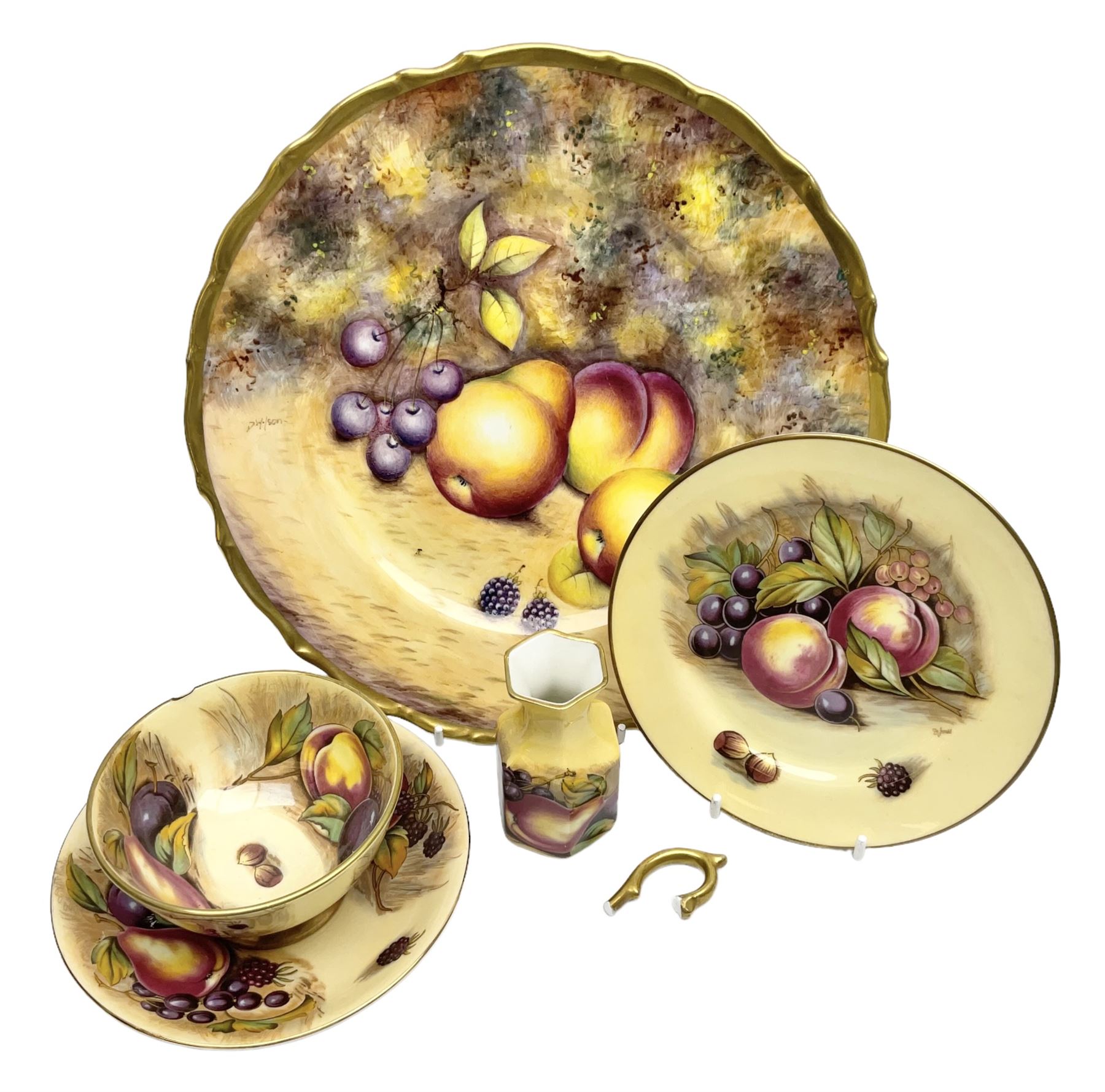 Aynsley Orchard gold pattern trio and vase, together with Edwardian Bone China plate, decorated with fruit, signed D. Wilson
