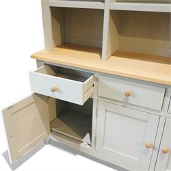 Cotswold Company - 'Chester' dresser painted dove grey with contrasting oak top, the upper rack divided into nine open shelves with panelled back, the lower section fitted with four drawers and cupboard doors enclosing storage compartments