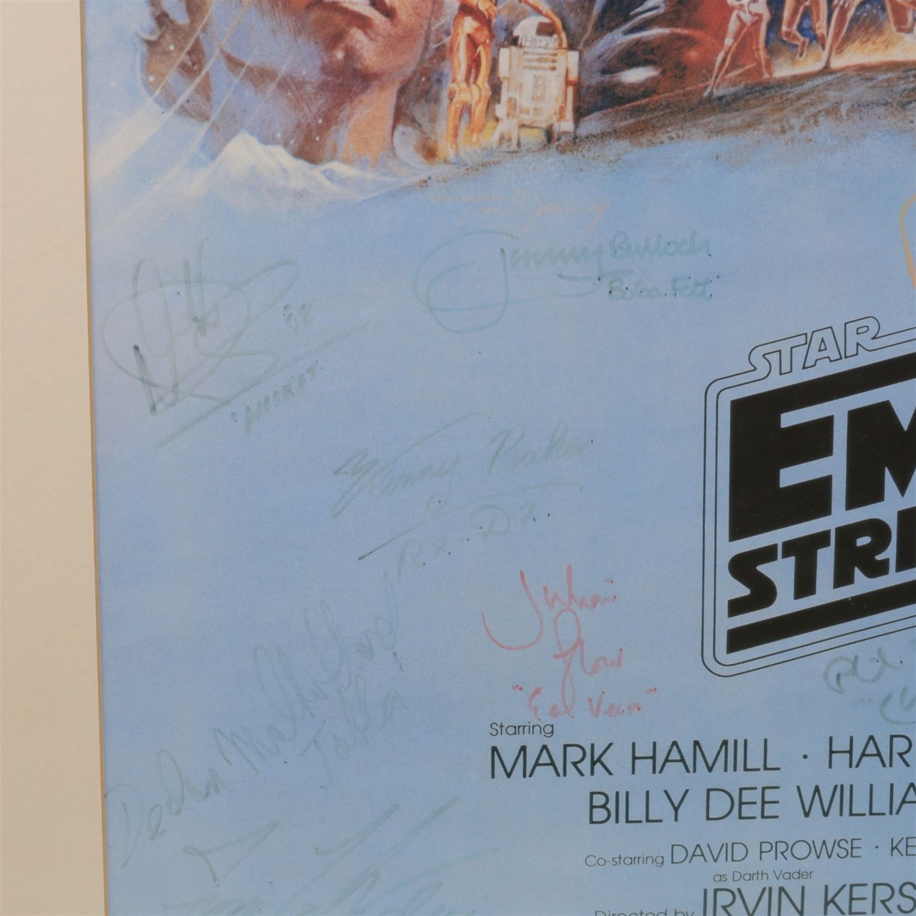 Autographed 1980s Star Wars Empire Strikes Back movie poster, with artwork by Tom Jung, with signatures including Michael Sheard (Admiral Ozzel), Koo Stark, Caroline Blakiston (Mon Mothma), Shelagh Fraser (Aunt Beru), Mike Edmonds (Logray), Peter Mayhew (Chewbacca), Jeremy Bulloch (Boba Fett), Stuart Freeborn (Creature Designer), Warwick Davies (Wicket), Michael Carter (Bib Fortuna), Dave Prowse (Darth Vader), Kenny Baker (R2D2), signatures and poster obtained at the Dave Prowse Promotions Mulitcon Event 1998 at The Norbreck Caste Hotel, Blackpool, in glazed black frame, frame H115cm