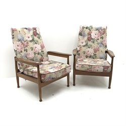  Guy Rogers - pair 1960s 'Manhattan' teak framed armchairs, upholstered back and seat, turned supports, W69cm  