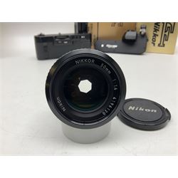 Nikon F3T camera body, in champagne/ titanium colourway, serial no. T8215031, with 'Nikon Nikkor 50mm 1:1.4' lens, Nikon MD4 motor drive, serial no. 156592 and Nikon MK-1 Firing range converter, all with original boxes 