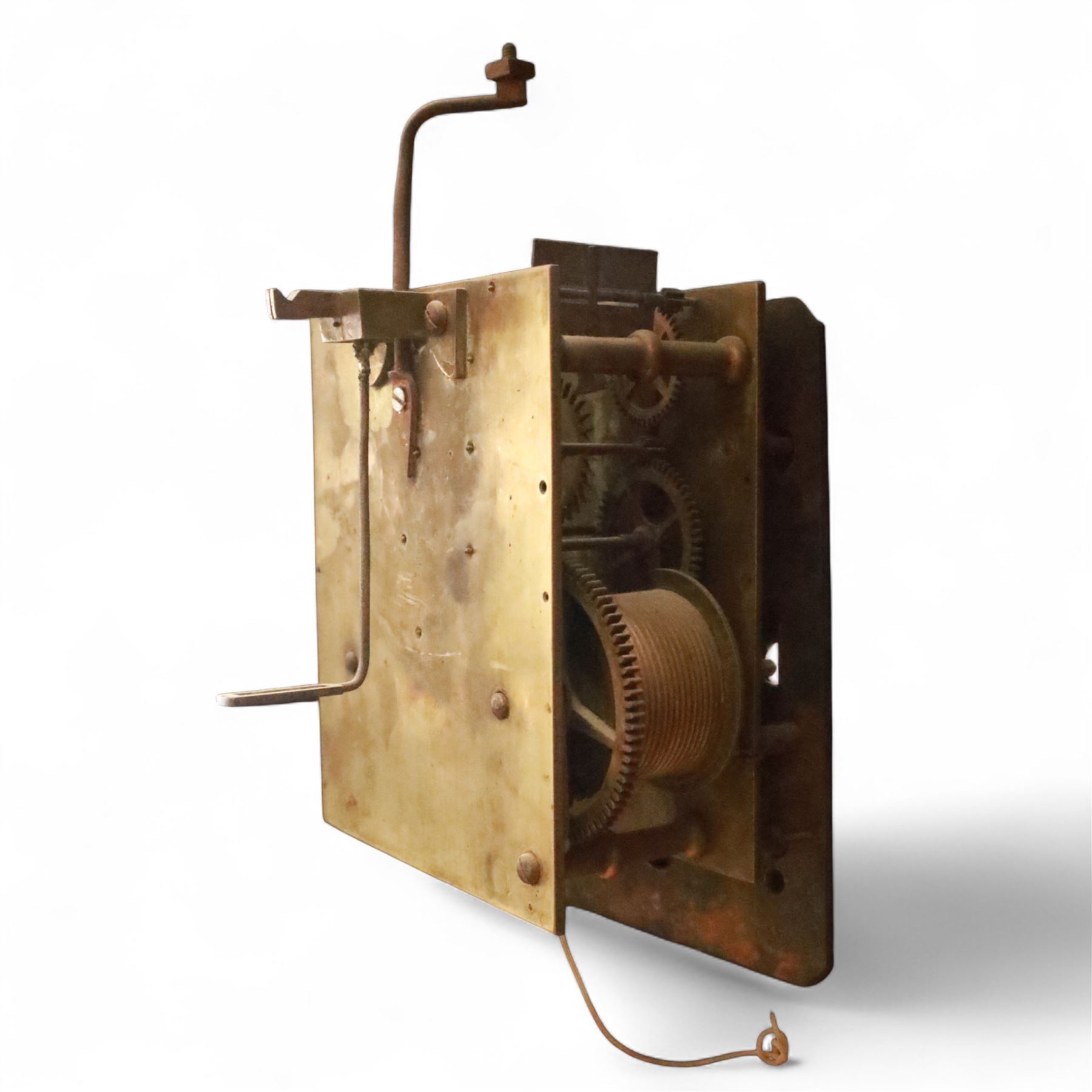 George Rutherford of Huddersfield- 8-day mahogany longcase clock c1880, with a swan neck pediment and turned patera, hood with shaped back splats and a break arch hood door flanked by ring turned pilasters, trunk with conforming recessed pilasters and a short wavy-topped trunk door, on a broad plinth raised on bracket feet, fully painted dial with matching pastoral depictions to the spandrels and break arch, with makers name, Roman numerals, subsidiary seconds and date dials and matching stamped brass hands, dial pinned via a falseplate to a rack striking movement striking the hours on a bell (bell missing). With pendulum, no weights.