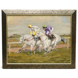 Jack G* (British Late 20th century): Neck and Neck at York Racecourse, oil on canvas signed 34cm x 45cm
Provenance: Mount Royale Hotel, York