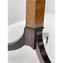 Regency style birdseye maple and rosewood tripod table, hexagonal tilt top with segmented veneer and banding, tapered hexagonal column on three splayed serpentine supports, brass cups and castors 
