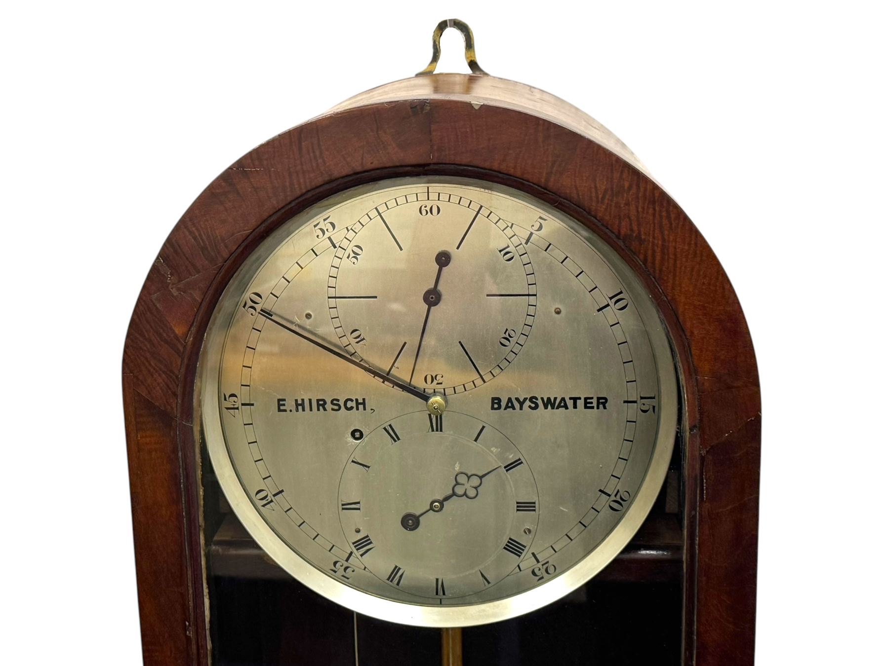 Hirsch of Bayswater-Fine late Victorian 8-day mahogany cased Jewellers regulator, wall mounted case with an arched top and tapering swept base, fully glazed door with visible pendulum and off-set brass cased weight, 10-1/2