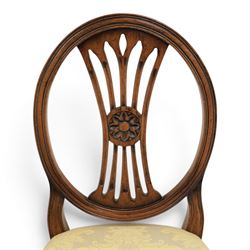 Bevan Funnell Reprodux - Regency design set of ten mahogany dining chairs, oval backs with central splat with rose motif, serpentine seat upholstered in damask fabric, raised on turned supports