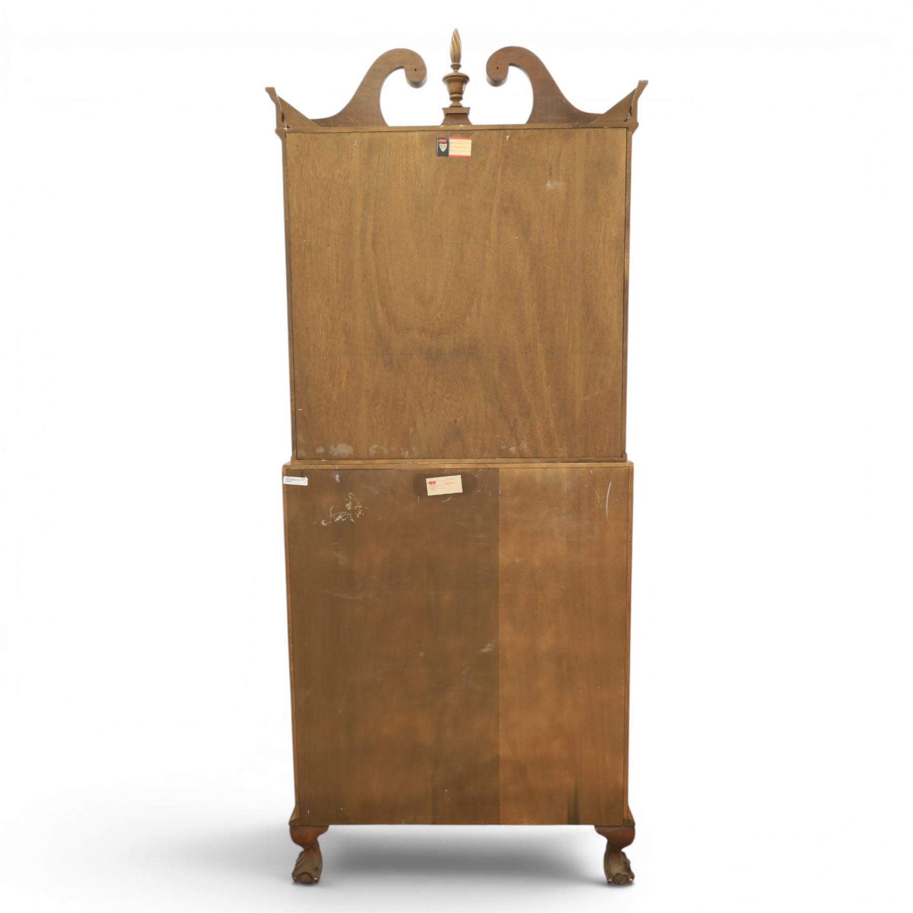 Maddox of Jamestown New York - Georgian design mahogany bureau bookcase, broken arch pediment with central finial, astragal glazed bookcase, above a fall front writing slope with fitted interior, four serpentine drawers, raised on claw on ball feet 