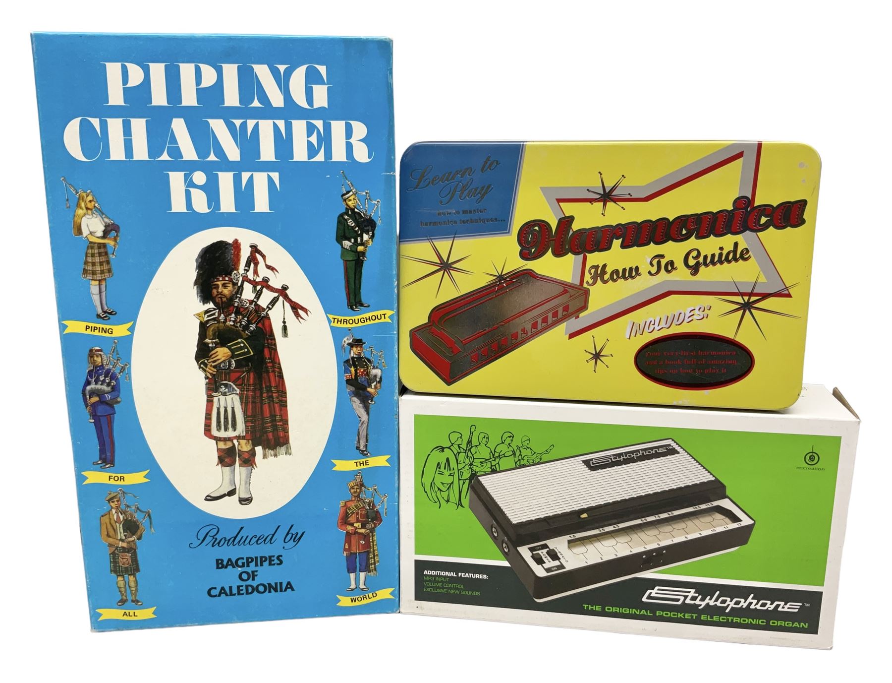 Bagpipes of Caledonia Piping Chanter Kit; Dubreq Stylophone - Pocket Electronic Organ; and Robert Frederick Harmonica; all boxed with instructions (3)