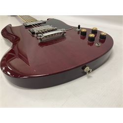 Gibson Epiphone SG six string electric guitar, with cherry red mahogany finish and black scratch guard, L102cm