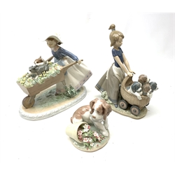 A Lladro figurine, 'Barrow of Fun' Model 5460, H20.5cm, together two further Lladro figurines, 'Litter of Fun' Model 5364, and 'It wasn't me' Model 7672. 