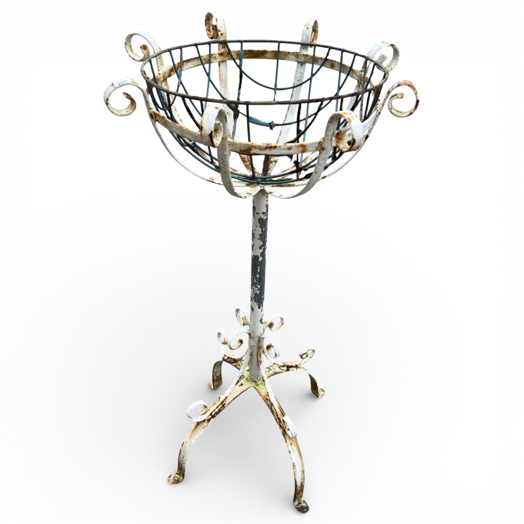 Two plant stands in a weathered white finish with wire baskets