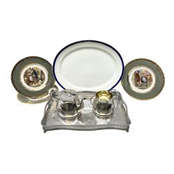 Victorian silver plated teapot and twin handled sucrier, with ornate foliate engraved decoration, together with a Sheffield silver plated twin handled tray and three Cries of London Weatherby Hanley plates and a meat plate