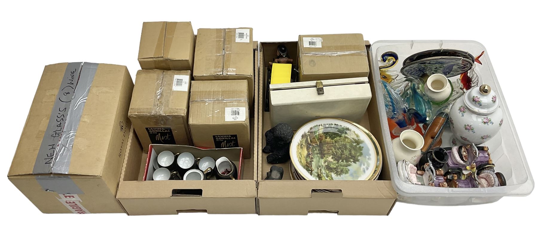 Quantity of boxed Saving the Gorillas in the Mist figures, boxed Royal Doulton glasses, art glass, ceramics etc in four boxes