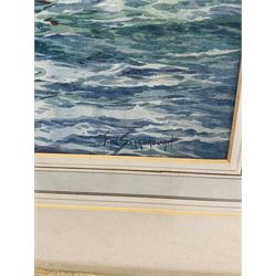 Frank (Frederick) William Scarborough (British 1860-1939): Whitby and Kirkcaldy boats in Harbour, watercolour signed 33.5cm x 24cm 
Provenance: with the Mangate Gallery London, label verso