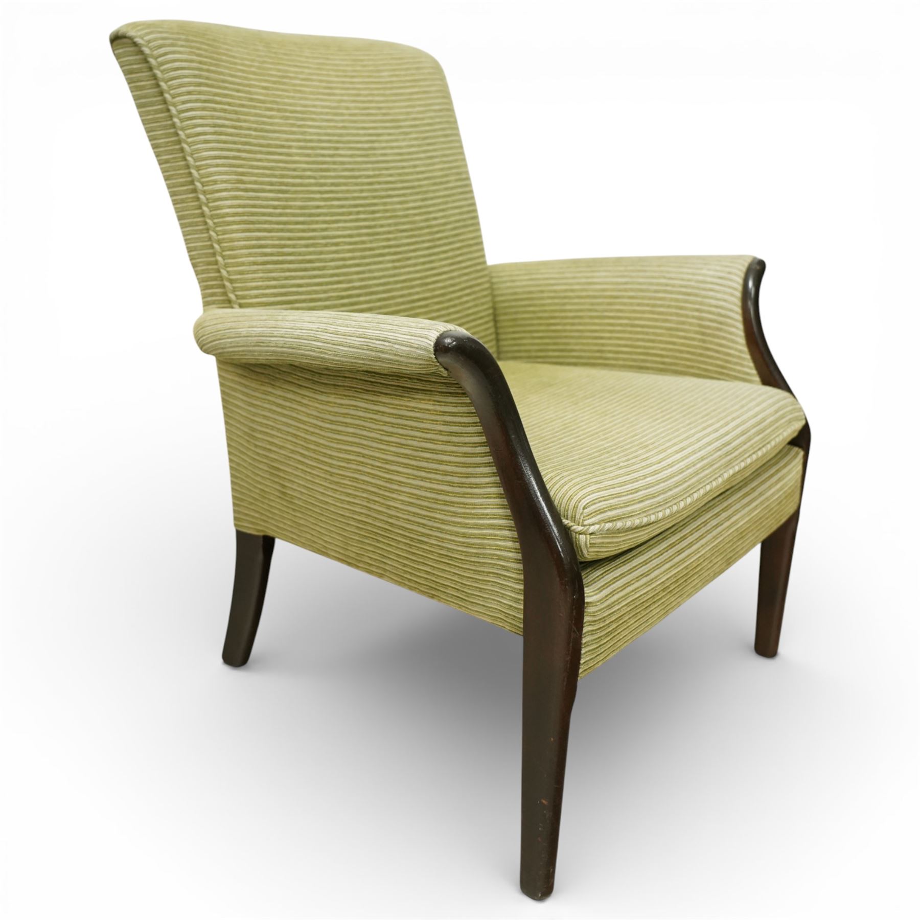 Parker Knoll - ‘Froxfield’ armchair, with upholstered back and seat in striped green fabric, on dark stained bentwood arms and front supports
