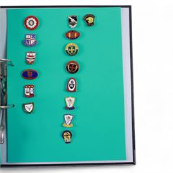 Amateur rugby league enamel badge collection, teams including Birmingham Bulldogs, Bridlington, Dudley Hill, Duke of York, Edinburgh Eagles, Guiseley, Rangers, Huntingdon, Keighley Town, Leigh Miners, Pilkington Recs, St Josephs, Thornhill Trojans, West London Sharks etc, all displayed in three folders and six amateur league badges from Leeds & District, Hull & District, York & District, Warrington, Lancashire County and Yorks County in box display, (approximately 270)