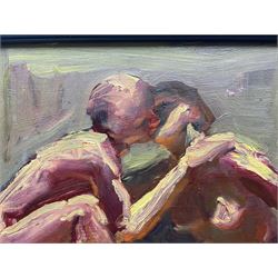 Kevin Sinnott (Welsh 1947-): The Kiss, oil on board signed with initials 20cm x 26cm