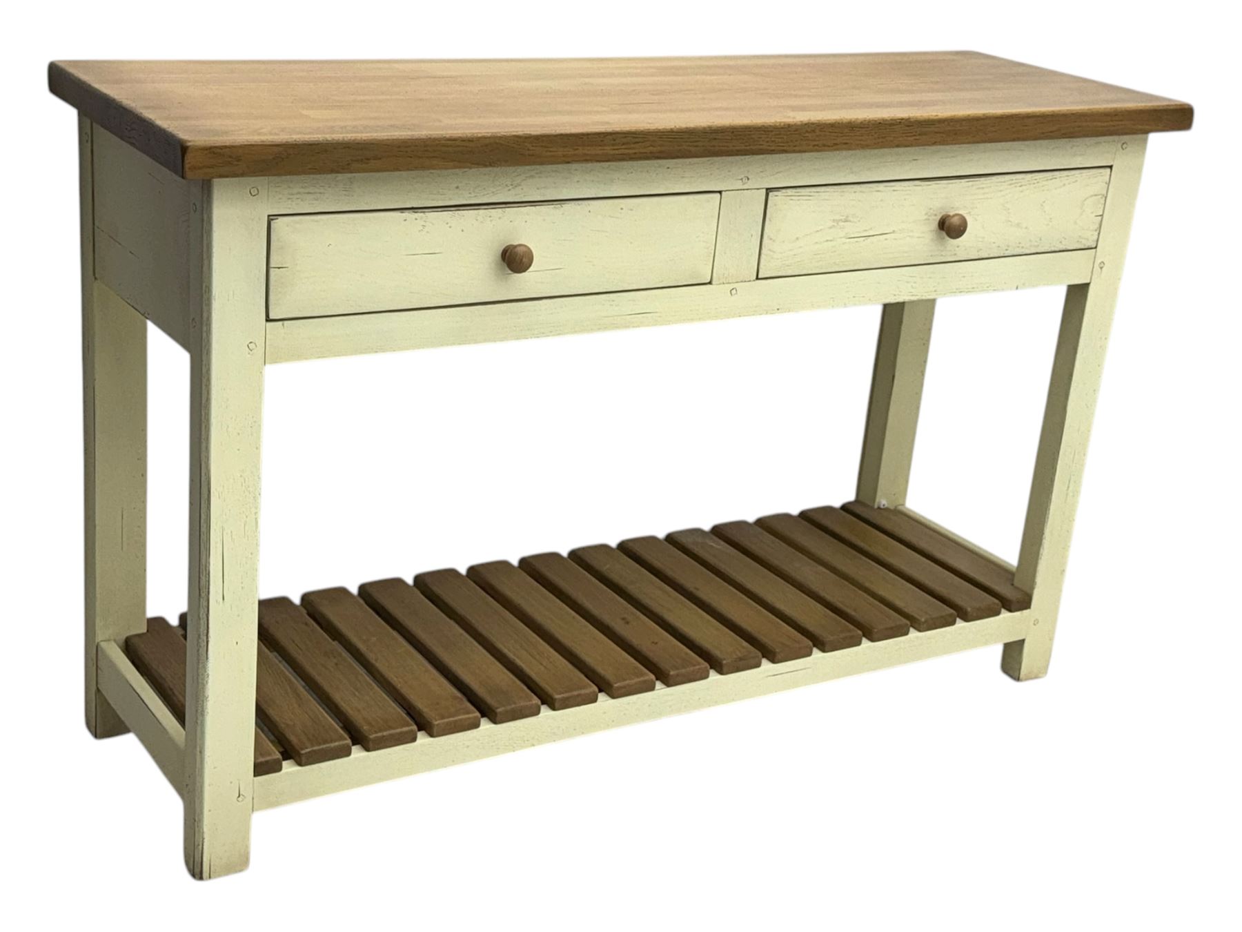 Fired Earth - contemporary Bastide style console table, oak top over cream painted frame fitted with two drawers and turned wooden handles, above a slatted oak undertier, raised on square supports