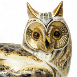 Royal Crown Derby Imari: Long Eared Owl, limited edition paperweight No 114 of 300, designed by Tien Manh Dinh signed by Hugh Gibson and with gold stopper and certificate H27cm