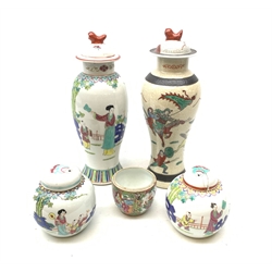 A Chinese Republic period vase, together with a pair of jars and covers, each decorated with polychrome figural scene, each with character marks beneath, vase H30cm, a 20th century Chinese crackle glaze vase, H31cm, and a Canton famile rose pot. 