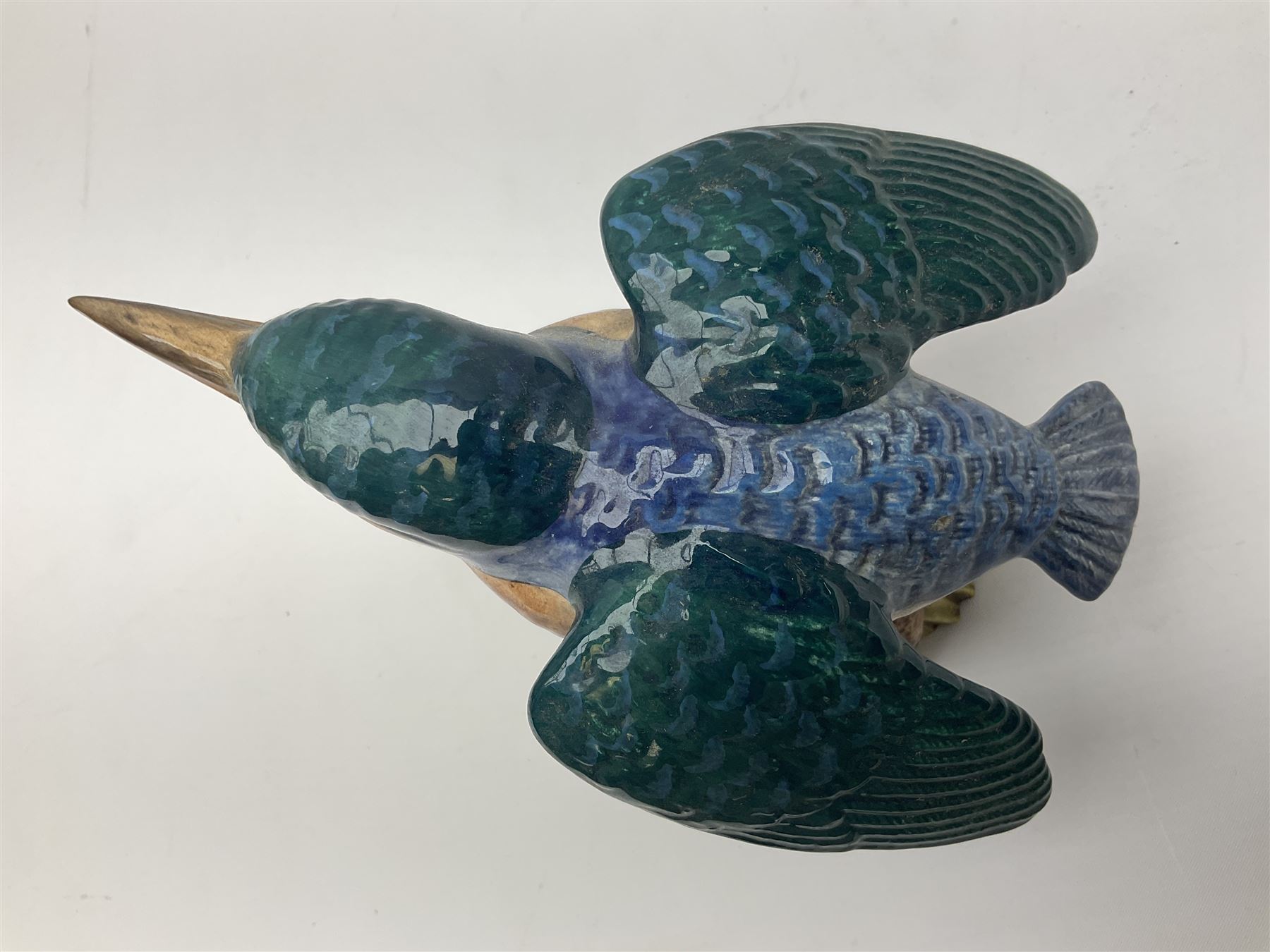 Karl Ens figure of a green woodpecker, modelled perched upon branch, model no. 7527, together with Karl Ens figure of budgie and Beswick Kingfisher no. 2371, all with printed marks beneath, tallest H25cm