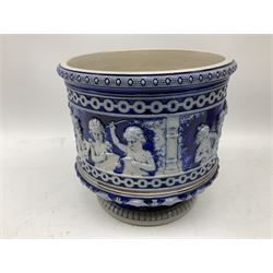 Three jardinières comprising West German Gerz example decorated in relief, Doulton Slaters example with frilled everted rim and a majolica example, and a further two Arthur Wood majolica jugs (5)