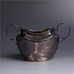 Late Victorian silver twin handled open sucrier, of hexagonal form with acanthus capped ha...