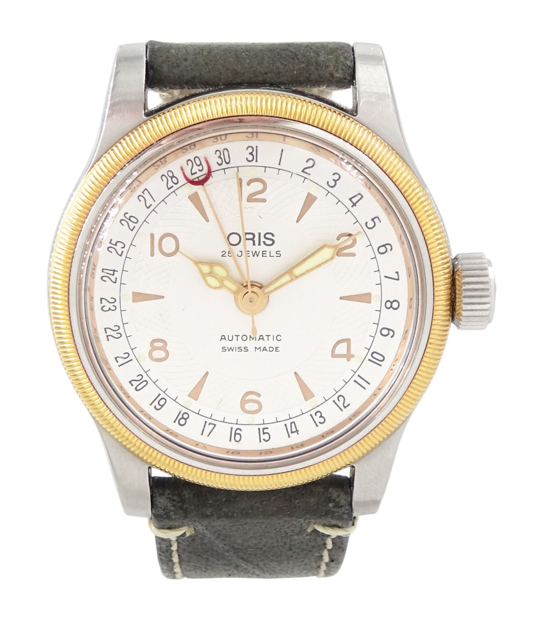 Oris Big Crown Original Pointer Date gentleman's stainless steel automatic wristwatch, Ref. 7551, Cal. 654, silvered dial with dagger and Arabic hour markers, exhibition back case and rose gold-plated bezel, on Squale grey leather strap