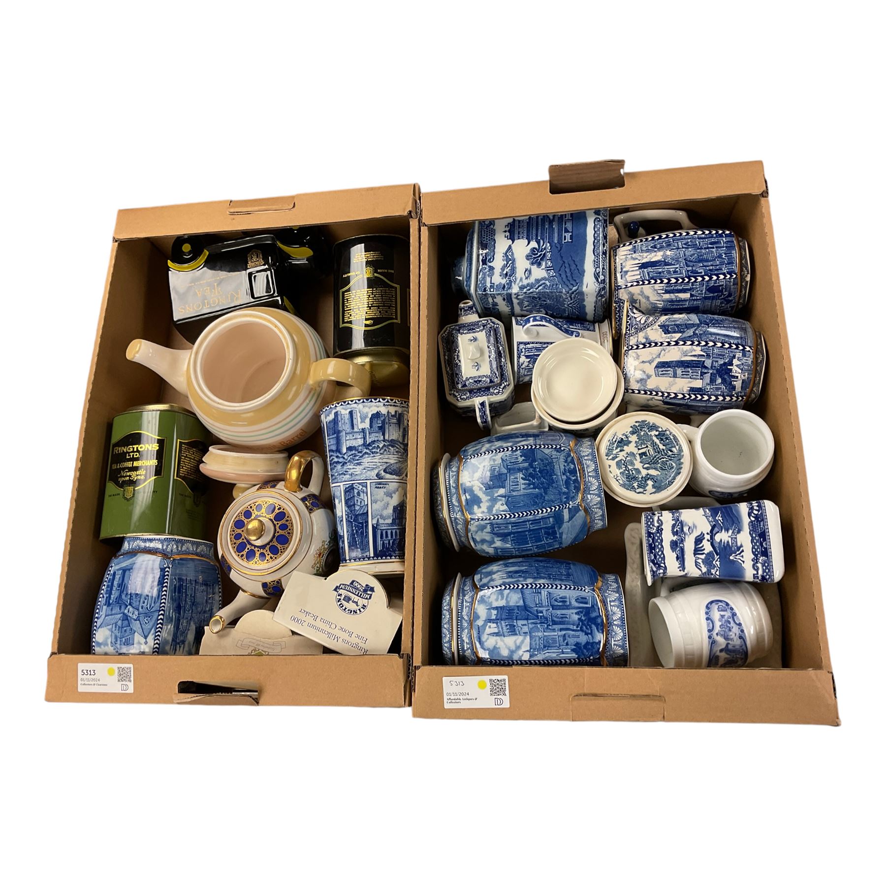 Collection of Ringtones blue and white jars, together with jugs etc  