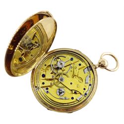 18ct gold open face key wound quarter repeating Swiss lever pocket watch by Garni en Pierre, No. 5090, the gold dust cover inscribed 'Echappement Libre a Ancre', plunge repeat in the pendant, silver engine turned dial with Roman numerals and subsidiary seconds dial