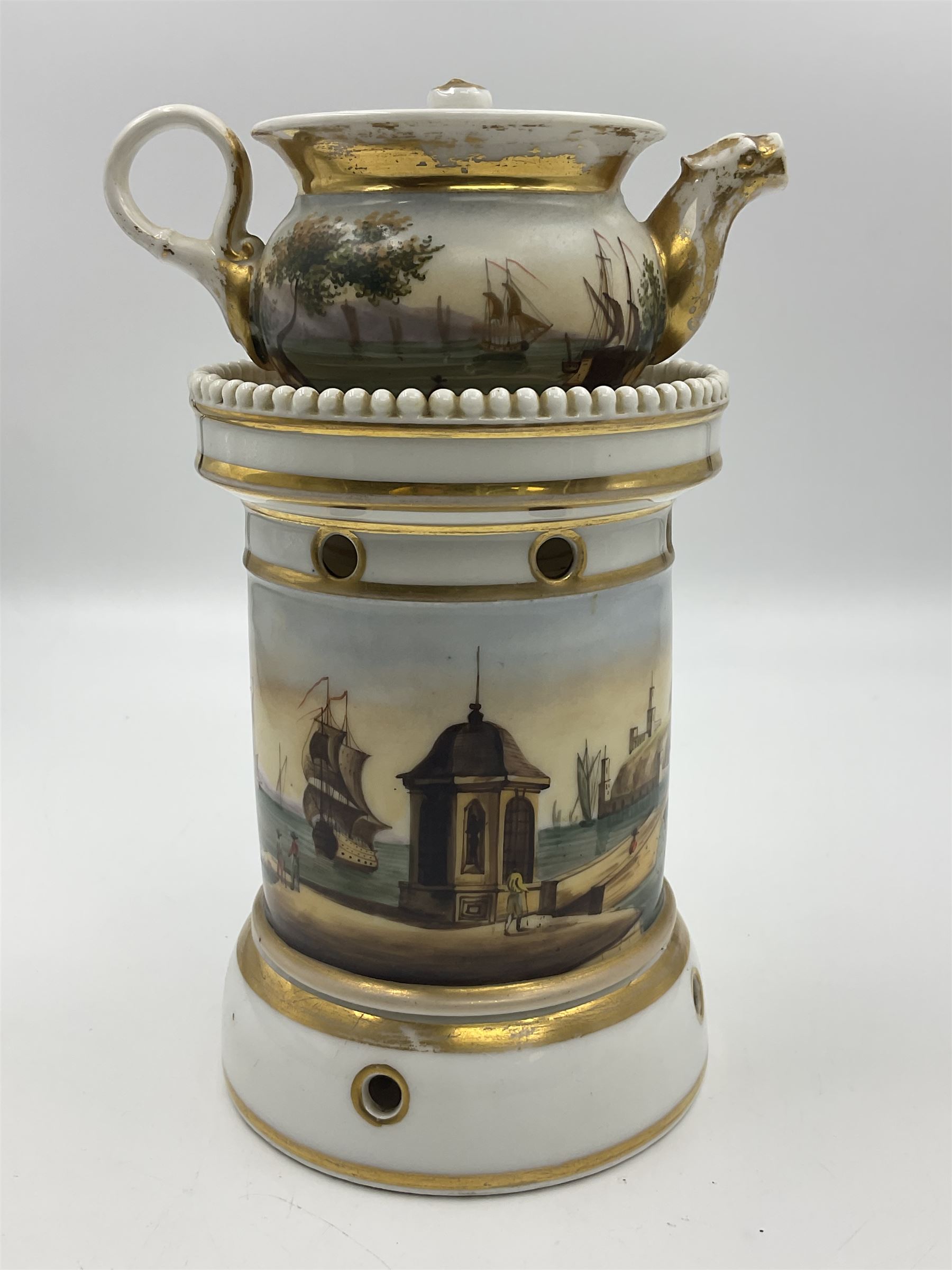 Two 19th century continental teapots and warmers, each teapot upon a cylindrical warming base, hand printed with seascapes, largest H22cm 