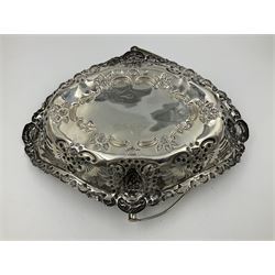 Edwardian silver swing handled basket, of navette form, with four repousse lion masks to each corner and with pierced and embossed floral, scroll and shell decoration to sides, base and handle, hallmarked Charles Horner, Birmingham 1906, height including handle H20cm