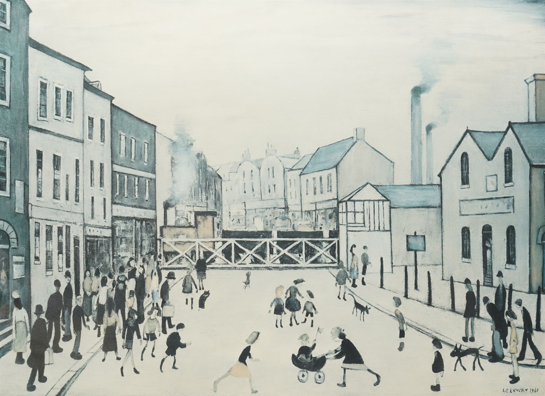 Laurence Stephen Lowry RBA RA (Northern British 1887-1976): 'Level Crossing - Burton-on-Trent', print in colours signed in pencil with Fine Art Trade Guild blindstamp 44cm x 58cm