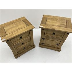 Pair rustic pine bedsides, one fitted with drawer and cupboard and other fitted with three short drawers, both raised on shaped plinth base 
