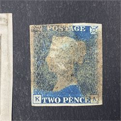 Great Britain Queen Victoria penny black stamp, tied to piece with black MX cancel and 1840 two pence blue 