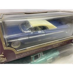 Seven 1:18 scale die-cast models by Ertl, Road legends, Maisto, Solido etc including two Coca Cola promotional vehicles; five boxed (7)