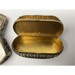 Five snuff boxes, including novelty snuff box in the form of a shoe, pierced example, rectangular hinged lid with white metal decoration and two others  