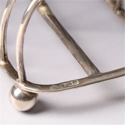 Edwardian silver six division toast rack with loop handle and ball feet Sheffield 1908 Maker Martin Hall & Co