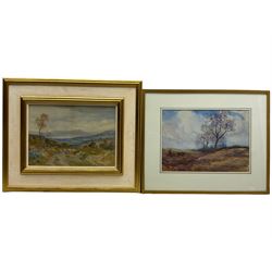 Charles Pigott (British 1860-1940): Driving Sheep in the 'Derbyshire Hills', watercolour signed, titled verso 25cm x 35cm; M Reid (British early 20th century): Ploughing, watercolour signed and dated 1920, 25cm x 36cm; together with a further unsigned landscape watercolour 16cm x 24cm (3)